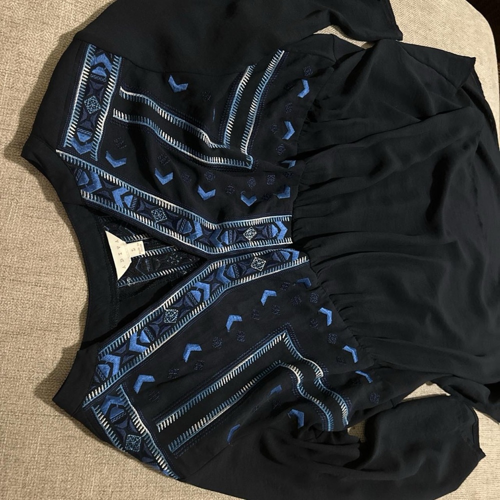 Navy Blue Embroidered Blouse with 3/4 length sleeves
